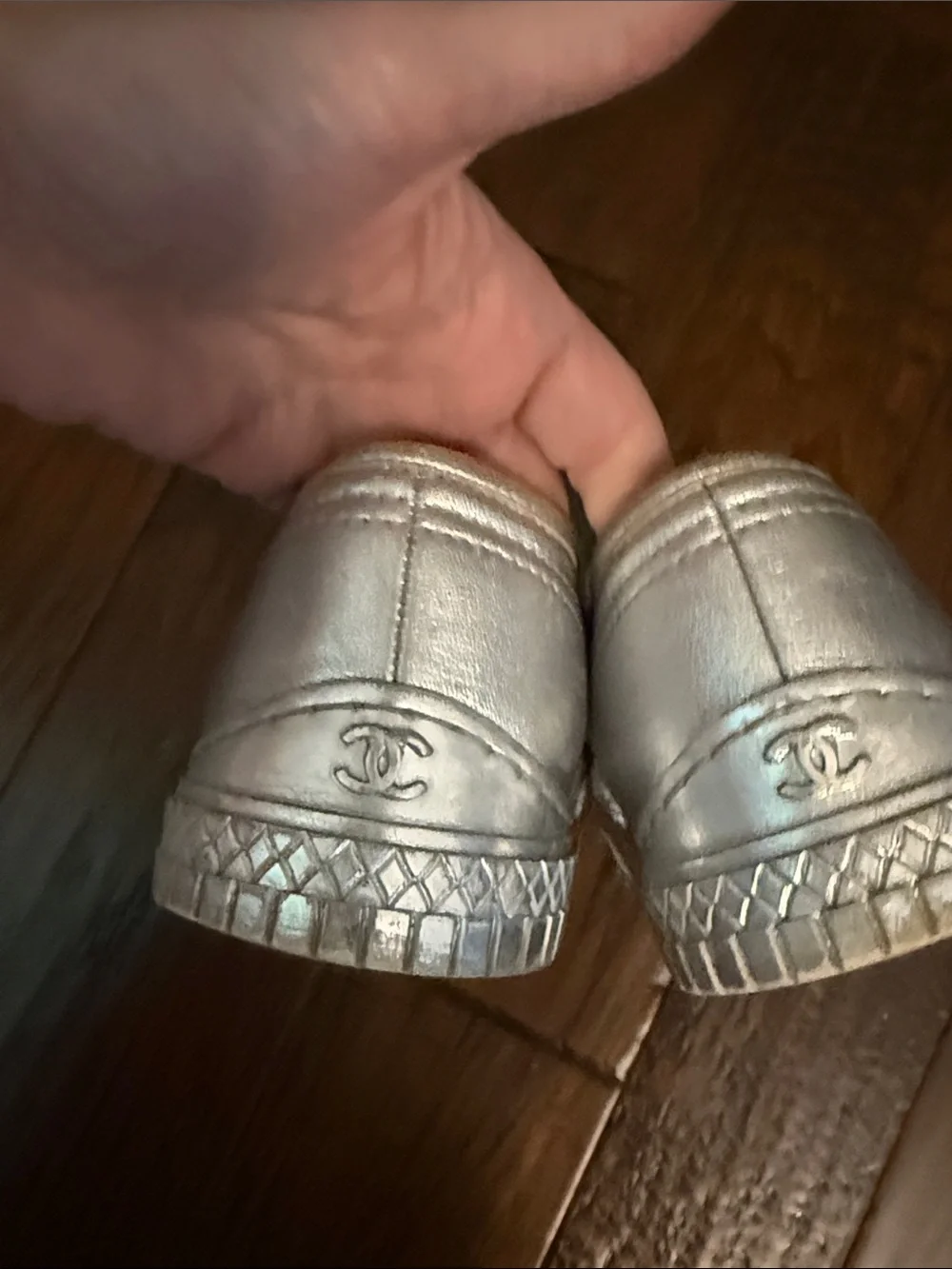 CHANEL Metallic Silver Leather Sneakers with Glitter Laces